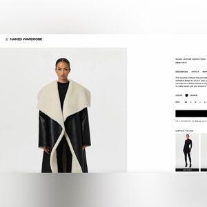 naked wardrobe Black Faux Leather Trench Coat with Cream Shearling Collar